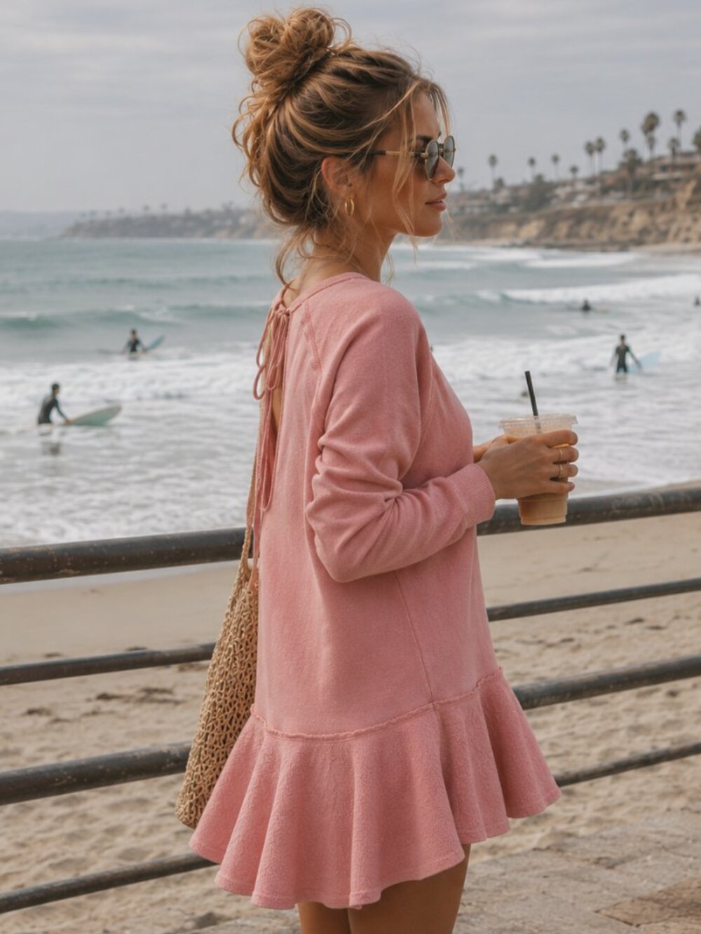 Free People Like That Pink Fleece Mini Dress Open Tie Back Large Cozy Coastal